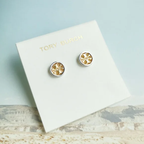 Tory Burch Miller Stud Earrings Gold Silver Mixed - Picture 2 of 4
